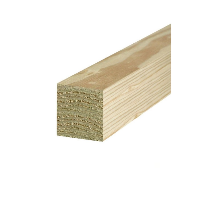 A close-up of the Go Build 12 in x 12 in x 12 ft. Rough Timber Treated to Light Duty shows its layered grain on the cut end and length, isolated on white. From The Fastest Way To Build brand.